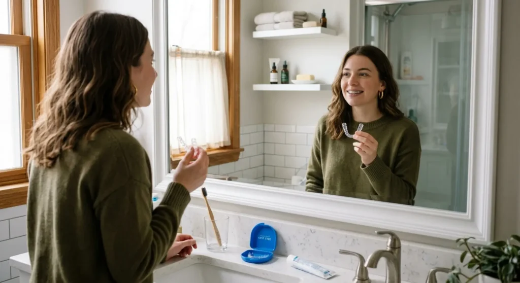 Patient examining clear aligner tray before Invisalign or ClearCorrect treatment