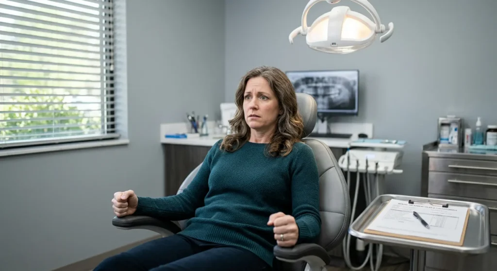 Patient in dental chair reviewing cost estimates before Pearland dental procedure