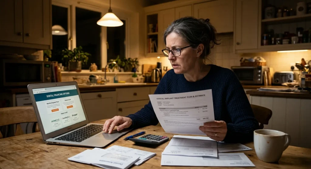 Woman reviewing dental implant pricing estimates and financing options at kitchen table