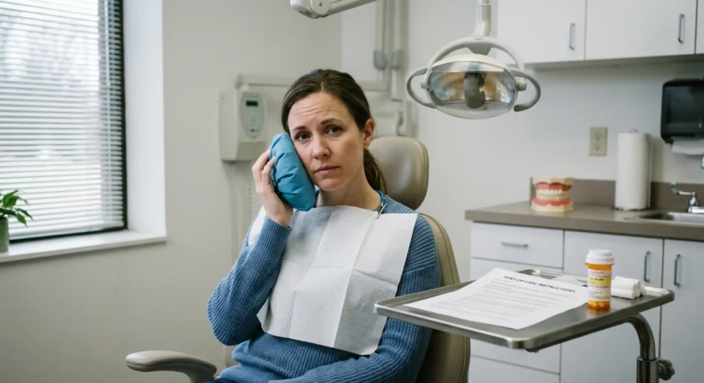 Patient in dental chair holding ice pack after wisdom teeth removal procedure