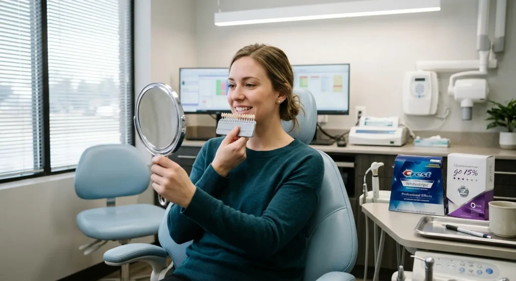 Woman comparing Crest Whitestrips and Opalescence Go whitening products in dental chair