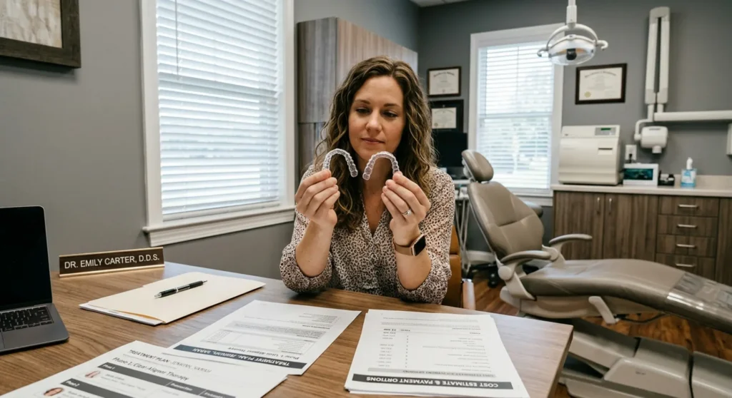 Patient comparing two clear aligner trays during Invisalign vs ClearCorrect consultation