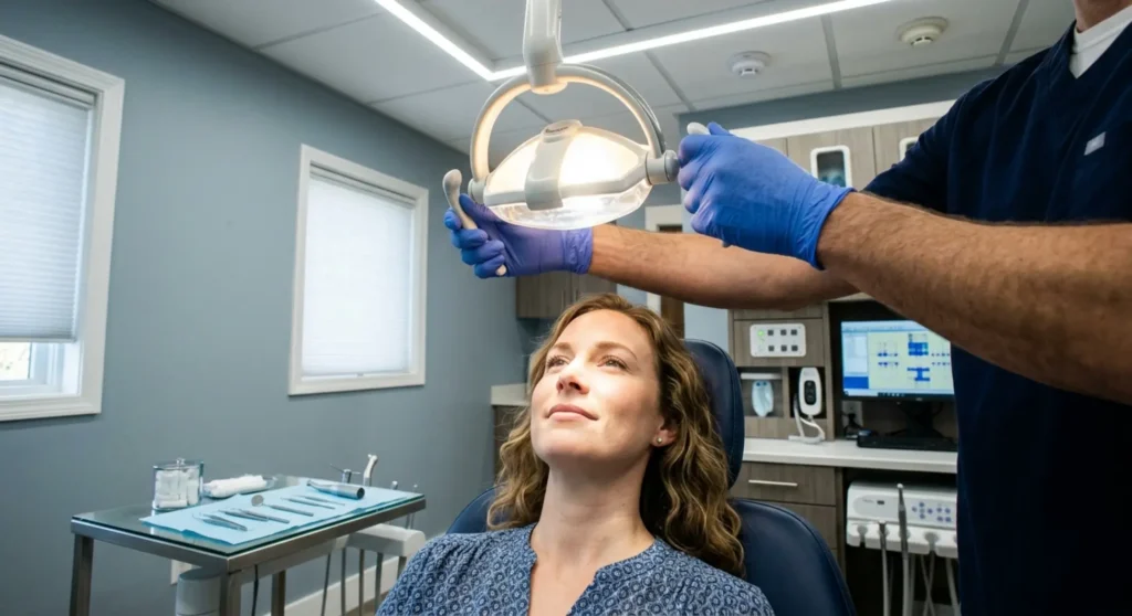 Patient relaxed in dental chair during exam at Manvel, TX dentist office