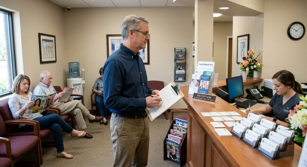 Patient completing intake forms at League City dental office reception desk