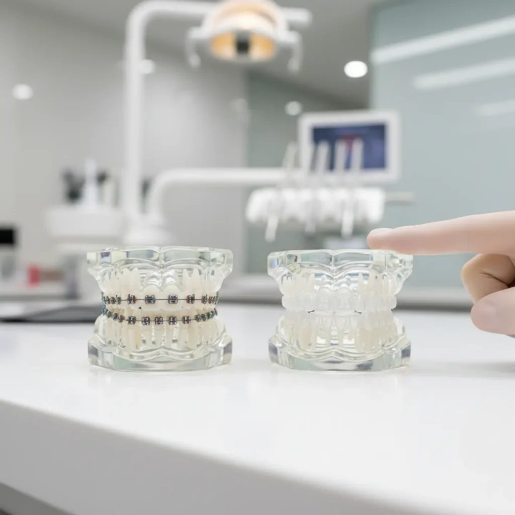 Traditional braces and clear aligners displayed side-by-side on dental models