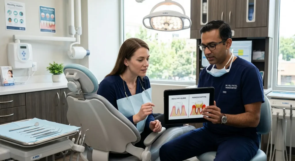 Patient reviewing gum surgery treatment options with periodontist during dental consultation